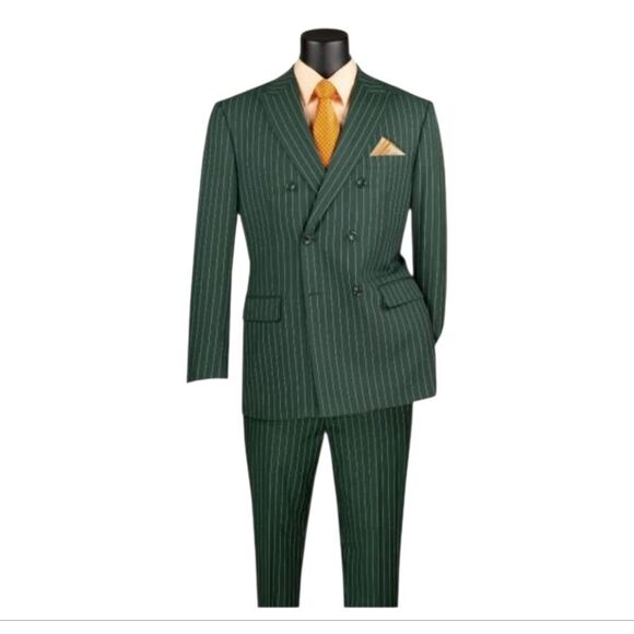 VINCI MENS 2 PIECE DOUBLE BREASTED PINSTRIPE SUIT W/ ADJUSTABLE WAISTBAND F-DSS - Picture 2 of 2